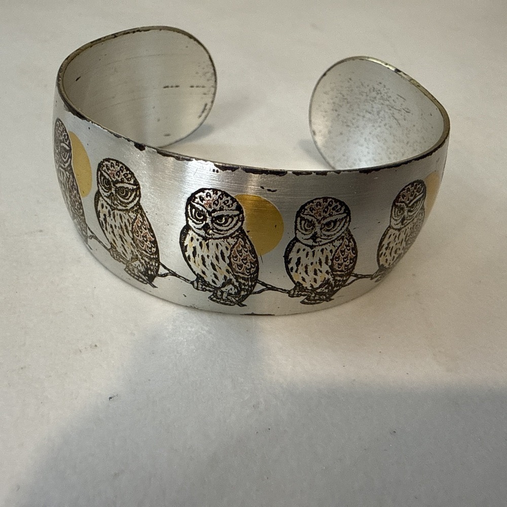 Vintage Reed And Barton ~6.25" Bracelet Silver Gold Toned Damascene Owl Moon